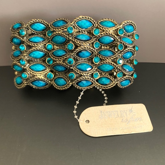 Peacock turquoise blue gold tone filigree vintage/boho stretch cuff bracelet - Picture 3 of 12